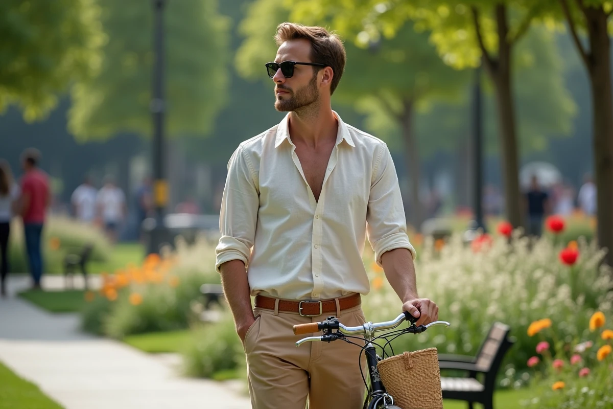 Homme avec vélo vintage dans un parc urbain
