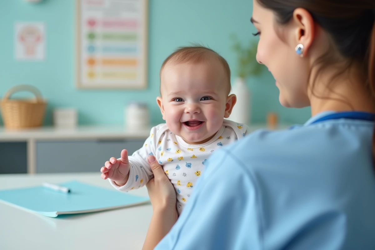 Infirmière pédiatrique en consultation tenant un bébé souriant lors d'un bilan de santé en clinique