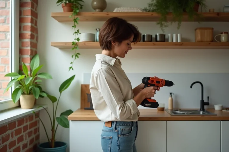 Femme installant une étagère en bois recyclé dans une cuisine lumineuse