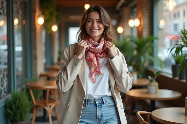 Jeune femme en blazer pastel dans un café urbain
