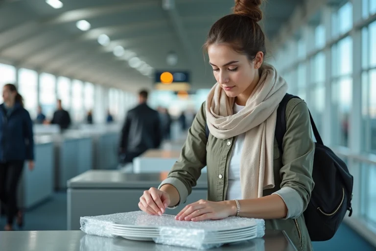 Jeune femme emballant des assiettes à l'aéroport