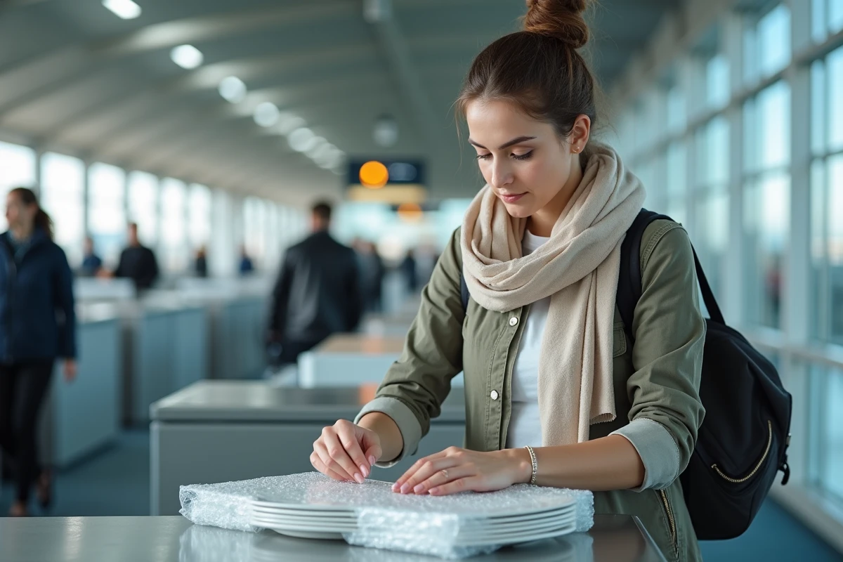 Jeune femme emballant des assiettes à l'aéroport