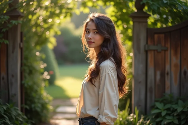 Jeune femme aux cheveux bouclés bruns debout près d'une grille de jardin verdoyante, illustrant le portrait d'une personnalité liée à la famille Walker
