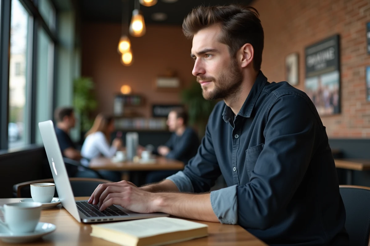 Jeune homme étudiant la philosophie avec un ordinateur portable et des livres dans un café urbain moderne