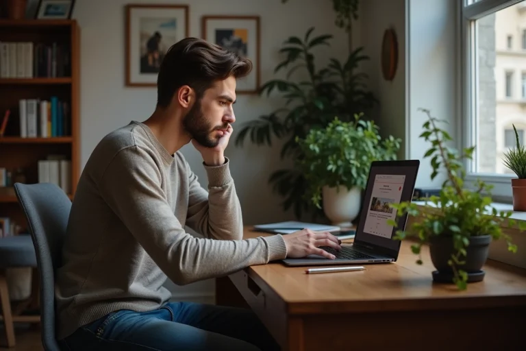Jeune homme concentré regardant un avertissement streaming
