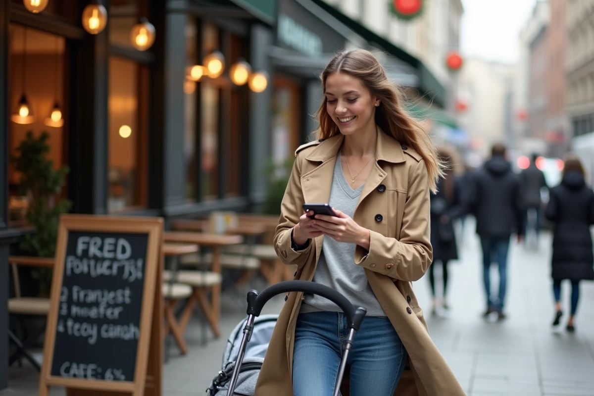 Jeune mère avec poussette marchant dans une rue animée de la ville