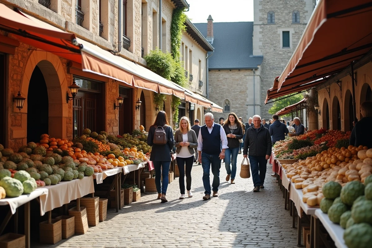 Marché artisanal animé sur une place de village en Pays de Retz avec produits locaux et église romane