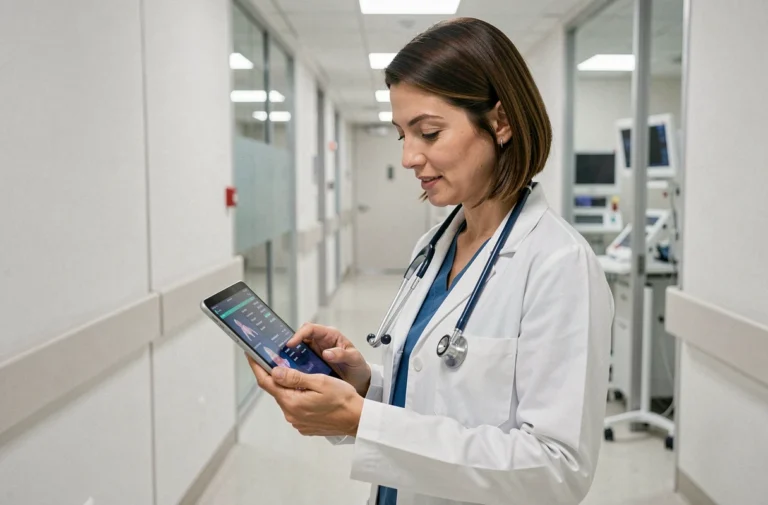 Médecin femme consultant des données de santé numériques sur une tablette dans un couloir d'hôpital moderne en 2024