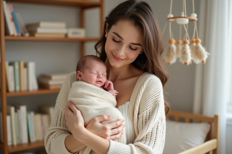 Jeune mère tenant tendrement son nouveau-né dans une chambre de bébé cosy avec mobilier en bois naturel