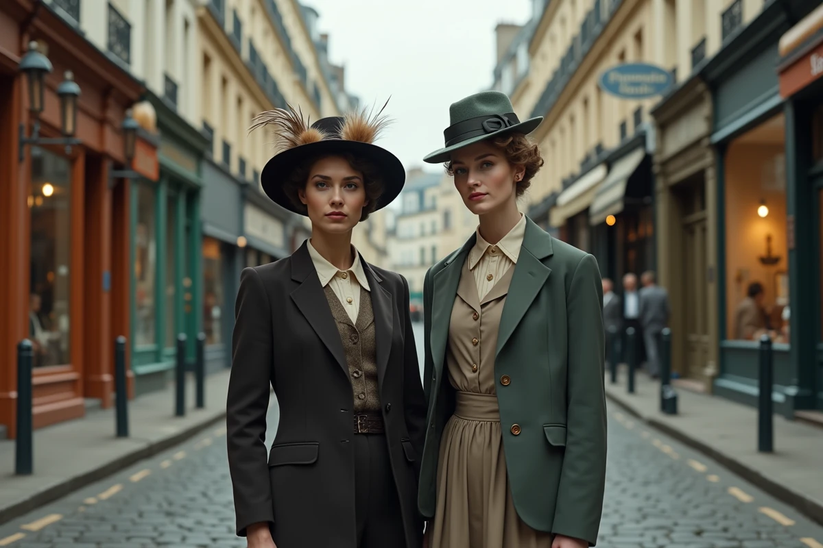 Deux femmes en tenues de mode des années 1910 contrastées dans une rue pavée parisienne Belle Époque avec boutiques ornées