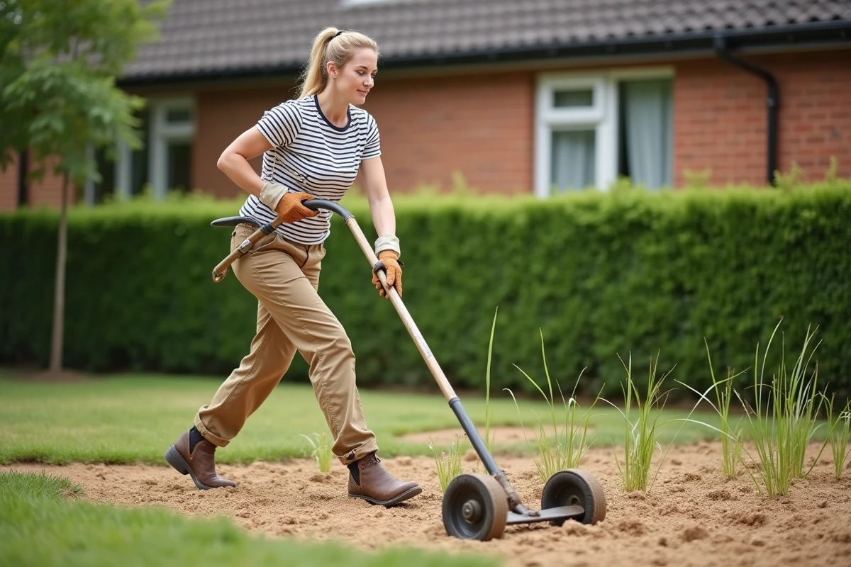 Femme utilisant un râteau niveleur pour égaliser la surface d'une pelouse en cours de préparation