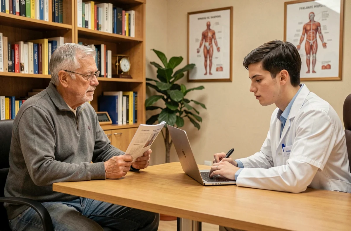 Patient âgé en consultation médicale avec un médecin généraliste dans un cabinet moderne et chaleureux