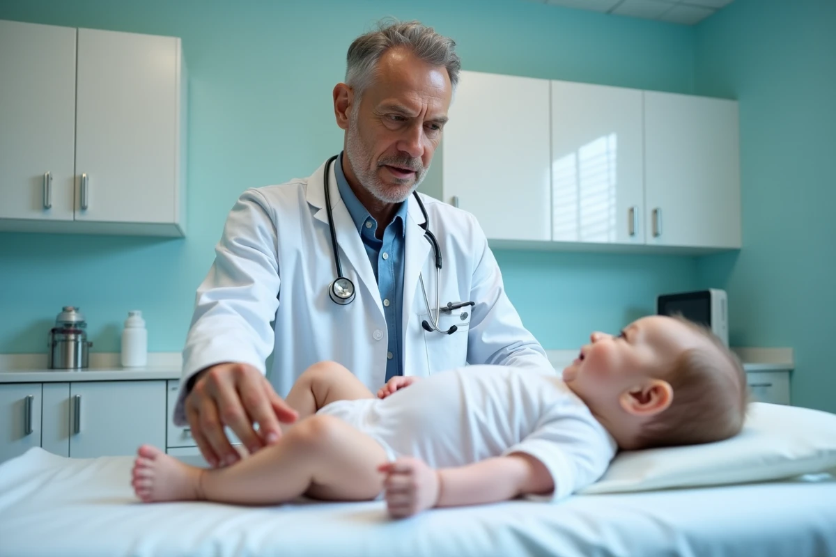 Pédiatre examinant un nourrisson qui cambre le dos sur une table de consultation médicale