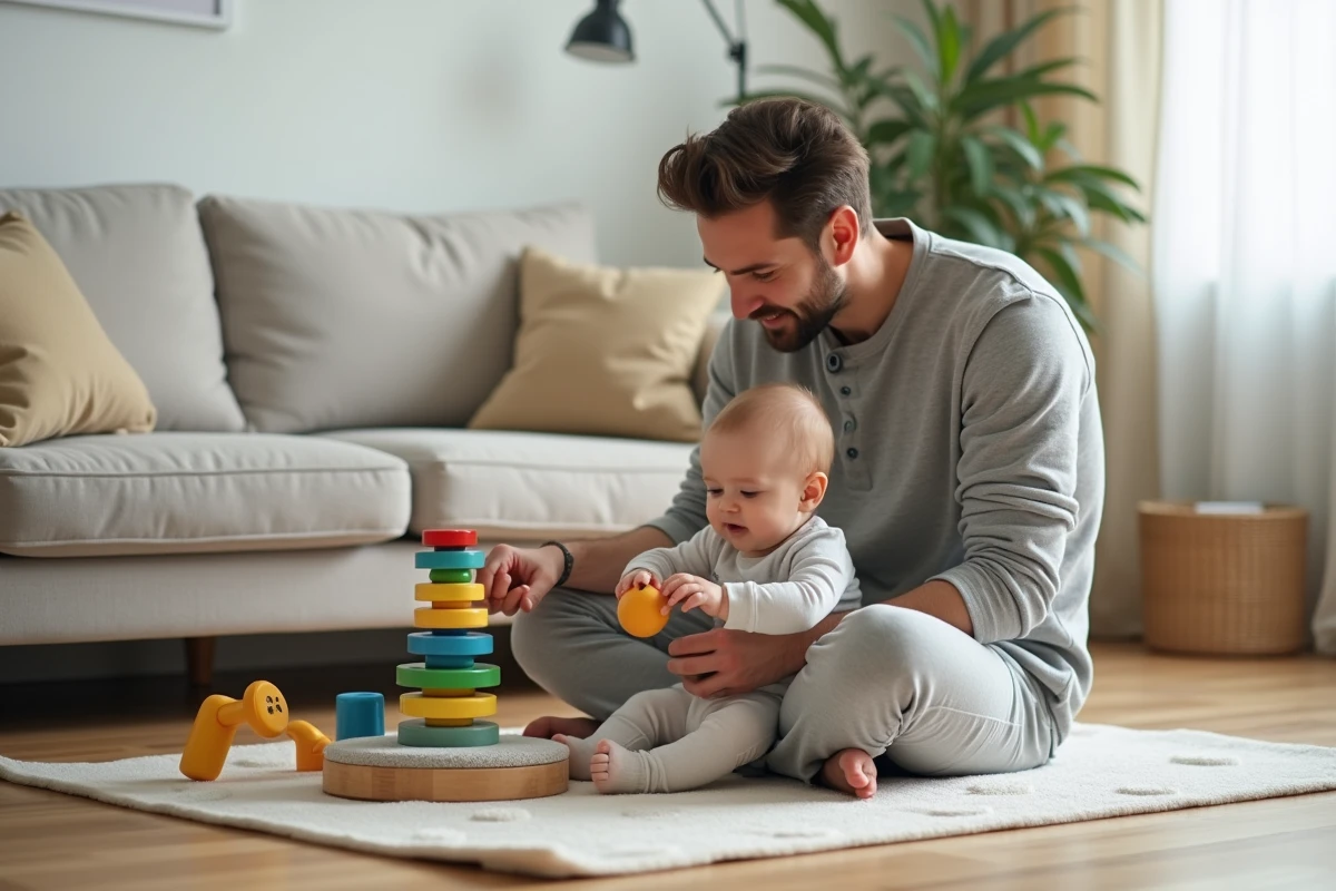 Père jouant avec son bébé de six mois sur un tapis d'éveil coloré dans un salon moderne