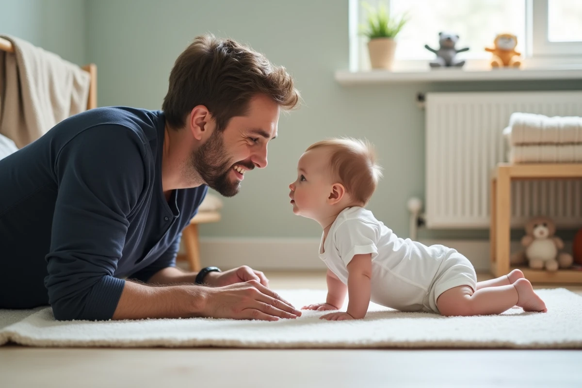 Père allongé sur un tapis de jeu avec son bébé qui cambre le dos en position sur le ventre dans une chambre d'enfant