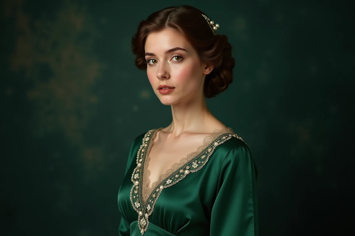 Portrait studio en robe de soirée des années 1910 en soie verte brodée de perles avec coiffure Gibson et épingles en nacre
