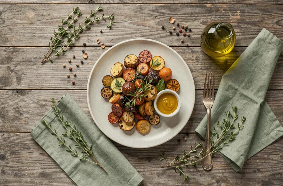 Vue aérienne d'une assiette de légumes rôtis dressée avec soin sur une table en bois avec des herbes fraîches et condiments