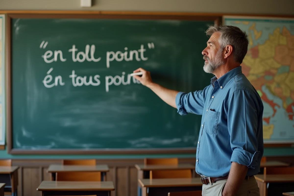 Professeur de français écrivant une règle grammaticale au tableau dans une salle de classe traditionnelle