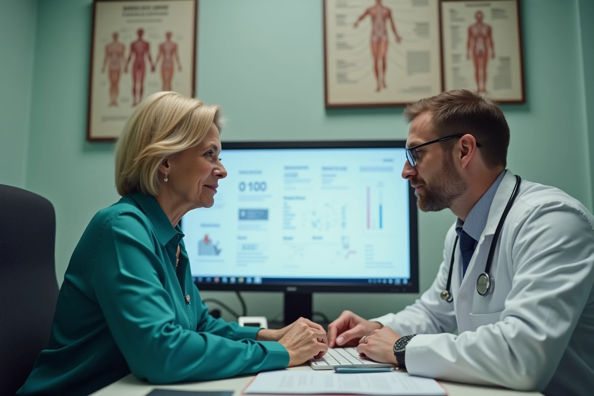 Professionnel de santé et patiente utilisant ensemble la plateforme Side Santé sur un écran d'ordinateur dans un cabinet médical