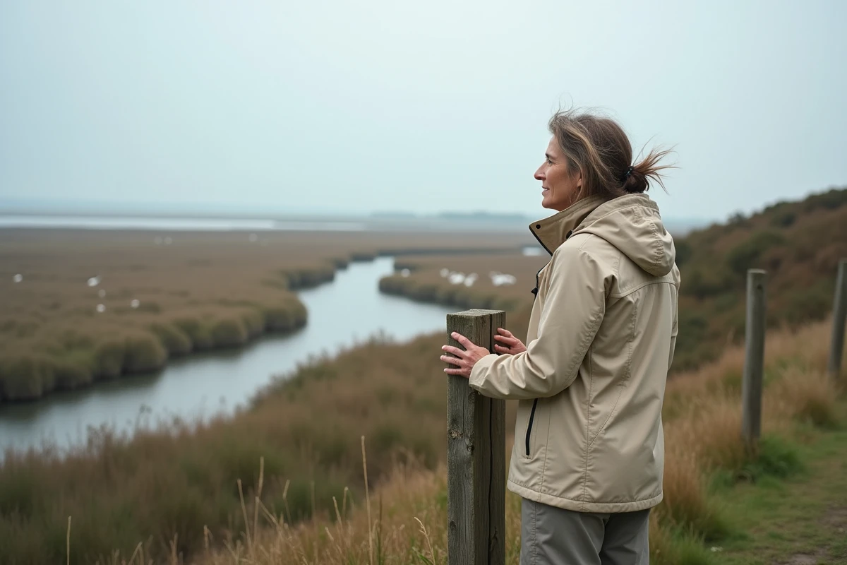 Femme en randonnée sur le sentier côtier des marais du Pays de Retz face à l'estuaire atlantique