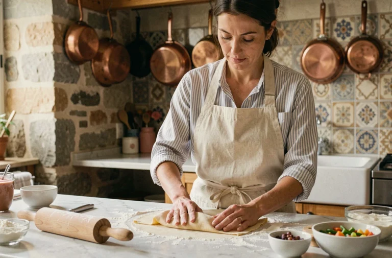 Femme préparant des pâtes fraîches maison sur un plan de travail en marbre dans une cuisine rustique chaleureuse