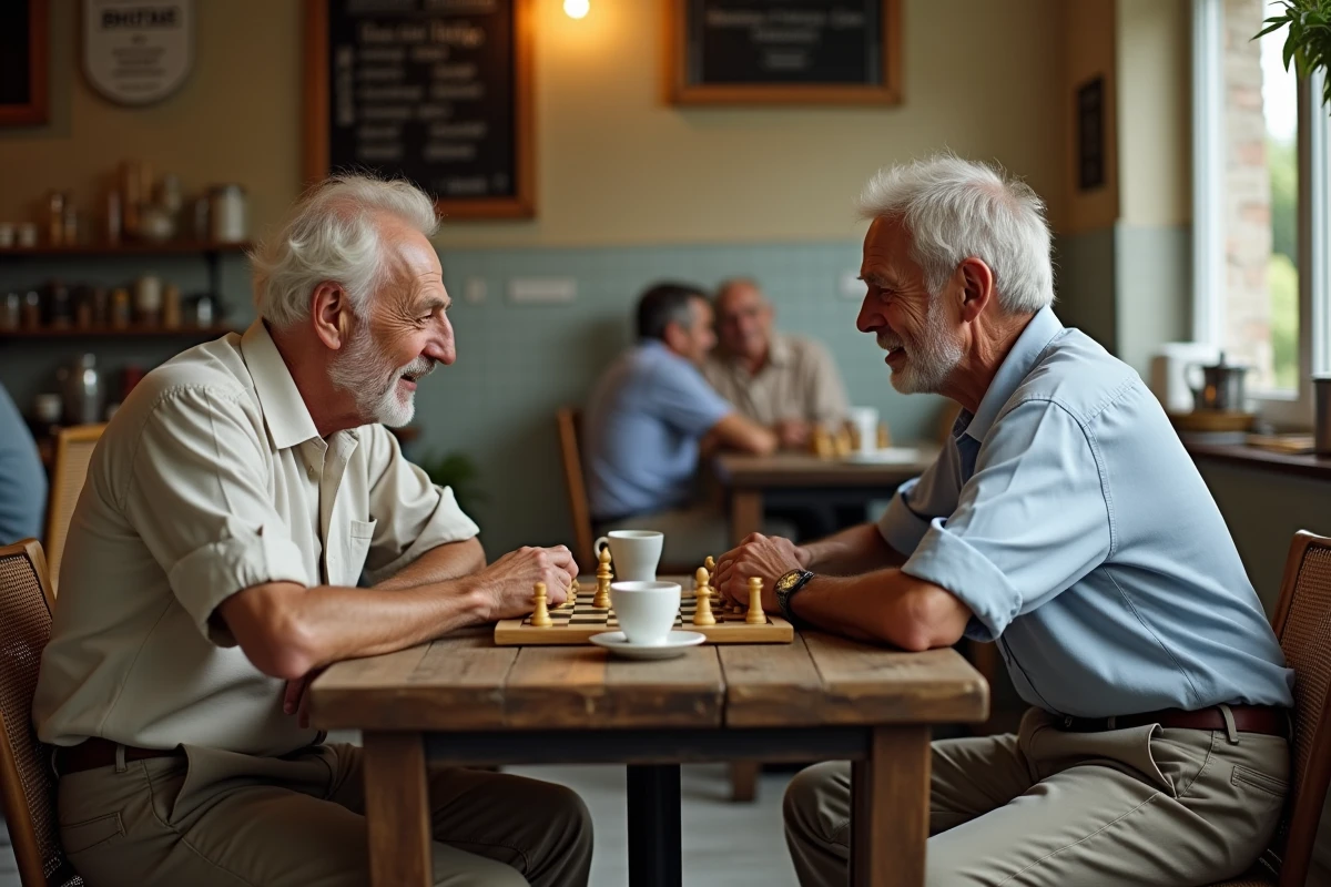 Deux hommes retraités jouant aux échecs dans un café de village français, symbole de lien social et de stimulation intellectuelle pour bien vieillir