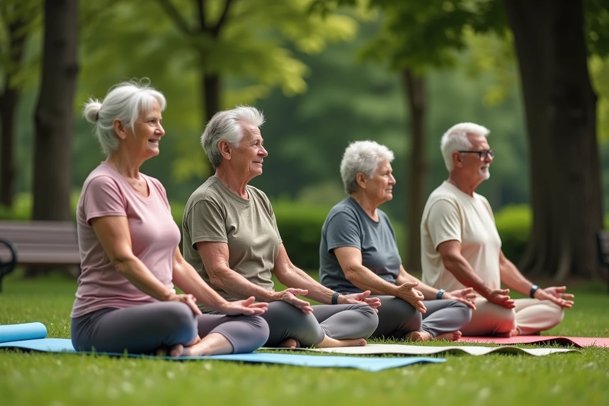 Groupe de seniors pratiquant le yoga en plein air dans un parc, illustrant les bienfaits de l'activité physique douce pour bien vieillir à la retraite