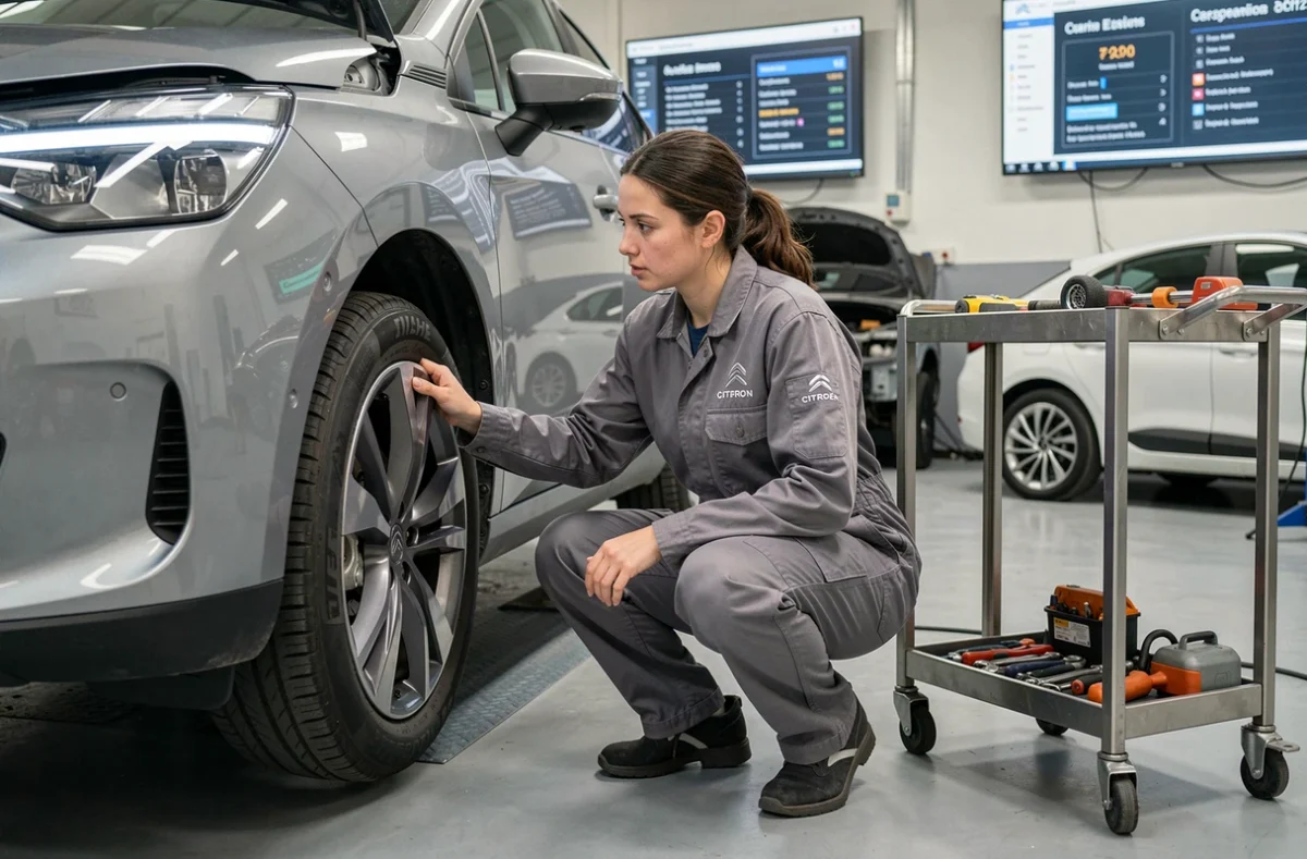 Technicienne Citroën réalisant l'entretien d'un véhicule électrique dans l'atelier d'une concession de la Côte d'Azur