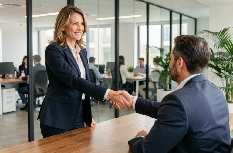 Commerciale en blazer marine serrant la main d'un client lors d'un entretien de vente dans un bureau moderne