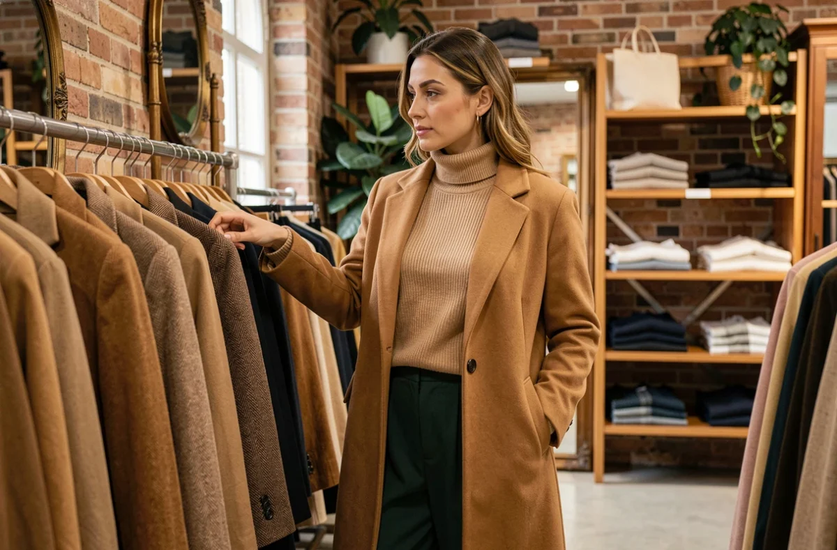 Femme élégante en manteau camel et pantalon large vert foncé dans une boutique parisienne tendance 2024