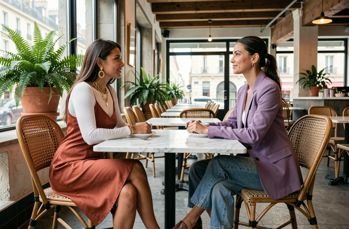 Deux femmes au style tendance 2024 attablées dans un café parisien, associant pièces mode minimalistes et couleurs tendance
