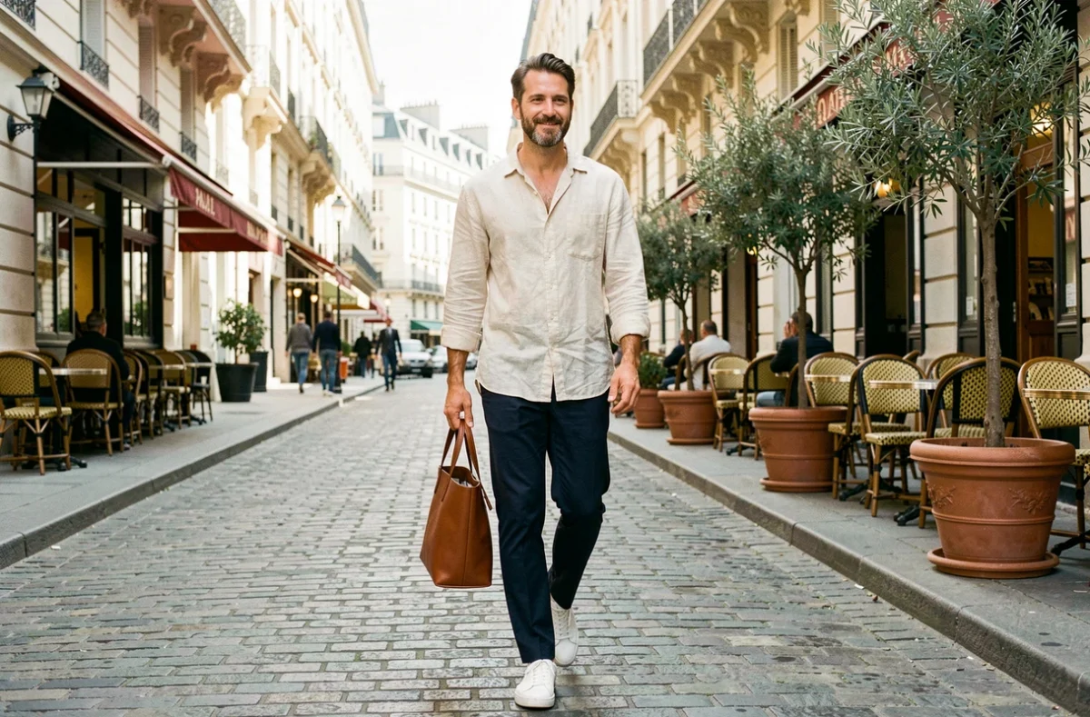 Homme stylé en chemise en lin et chino marine marchant dans une rue parisienne pavée, style mode printemps 2024