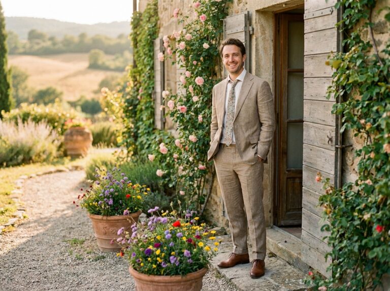 Homme en costume lin beige champêtre devant une ferme en pierre lors d'un mariage en plein air