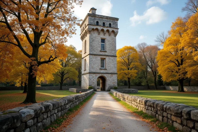 Tour médiévale en pierre du Pays de Retz entourée de feuillages dorés en automne