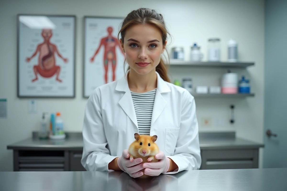 Vétérinaire examinant un hamster doré dans une salle de consultation moderne, illustrant les soins professionnels aux petits animaux